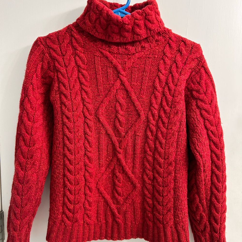 Inis Crafts sweater red turtleneck Fishman knit 100% merino wool top size Small